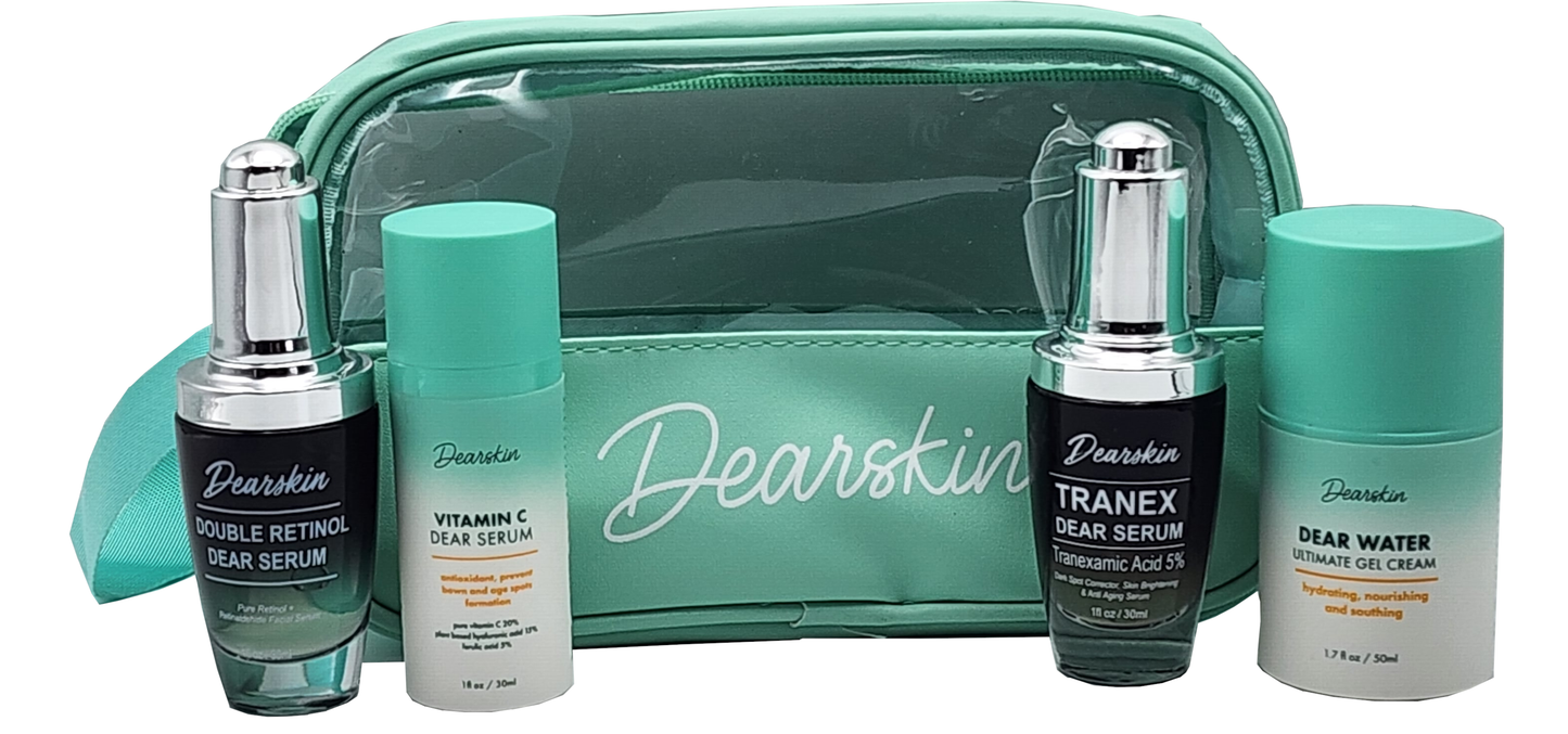 Dearskin Radiant Glowing Skincare Gift Set: Unveil Your Radiance with the Power of Double Retinol Vitamin C Serum Tanex Dear Serum and Dear Water Gel Cream!